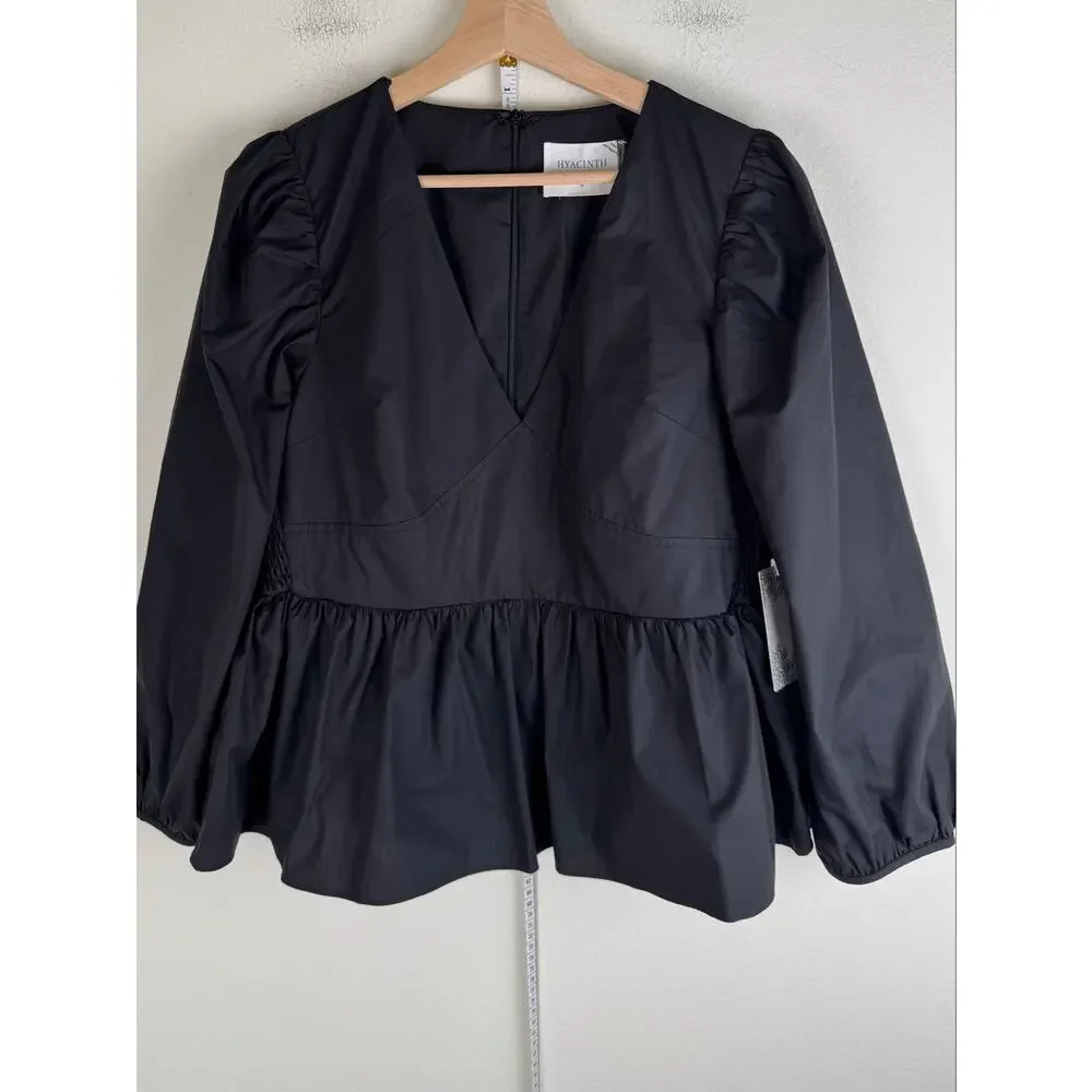 NWT Tuckernuck Hyacinth House Puff Sleeve Peplum Blouse Black Medium